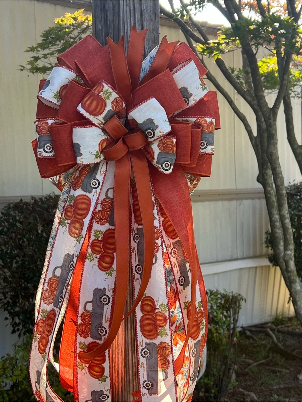 Autumn Harvest Decorative Bow - Rust Orange Fall Ribbon